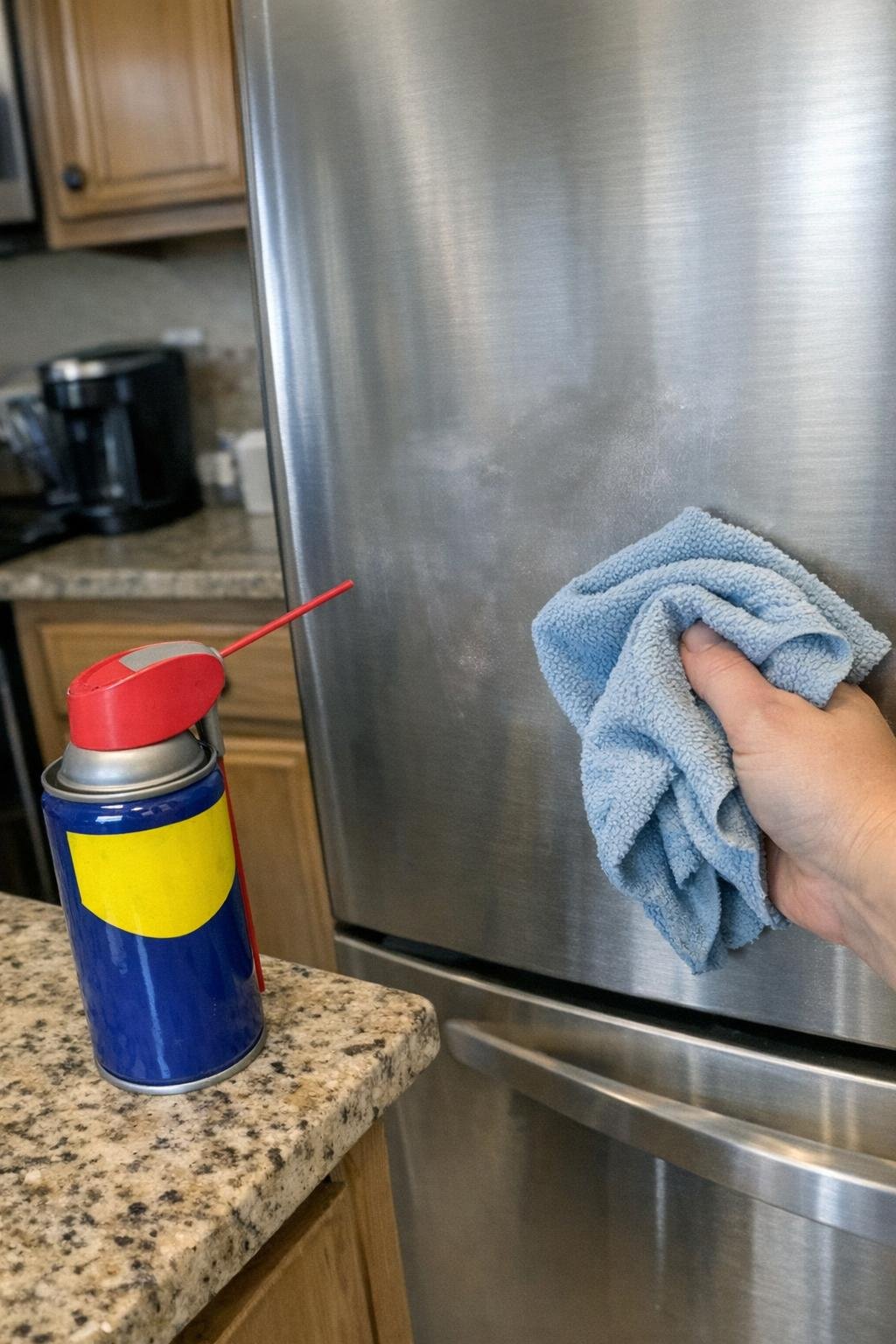 WD-40 on a microfiber cloth polishing a stainless steel appliance