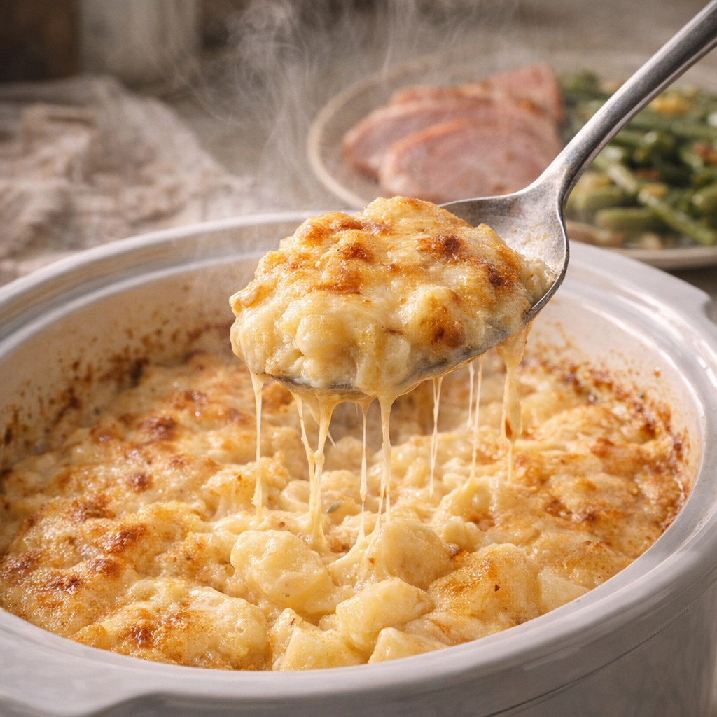 Spoonful of creamy cheesy potatoes served from the slow cooker