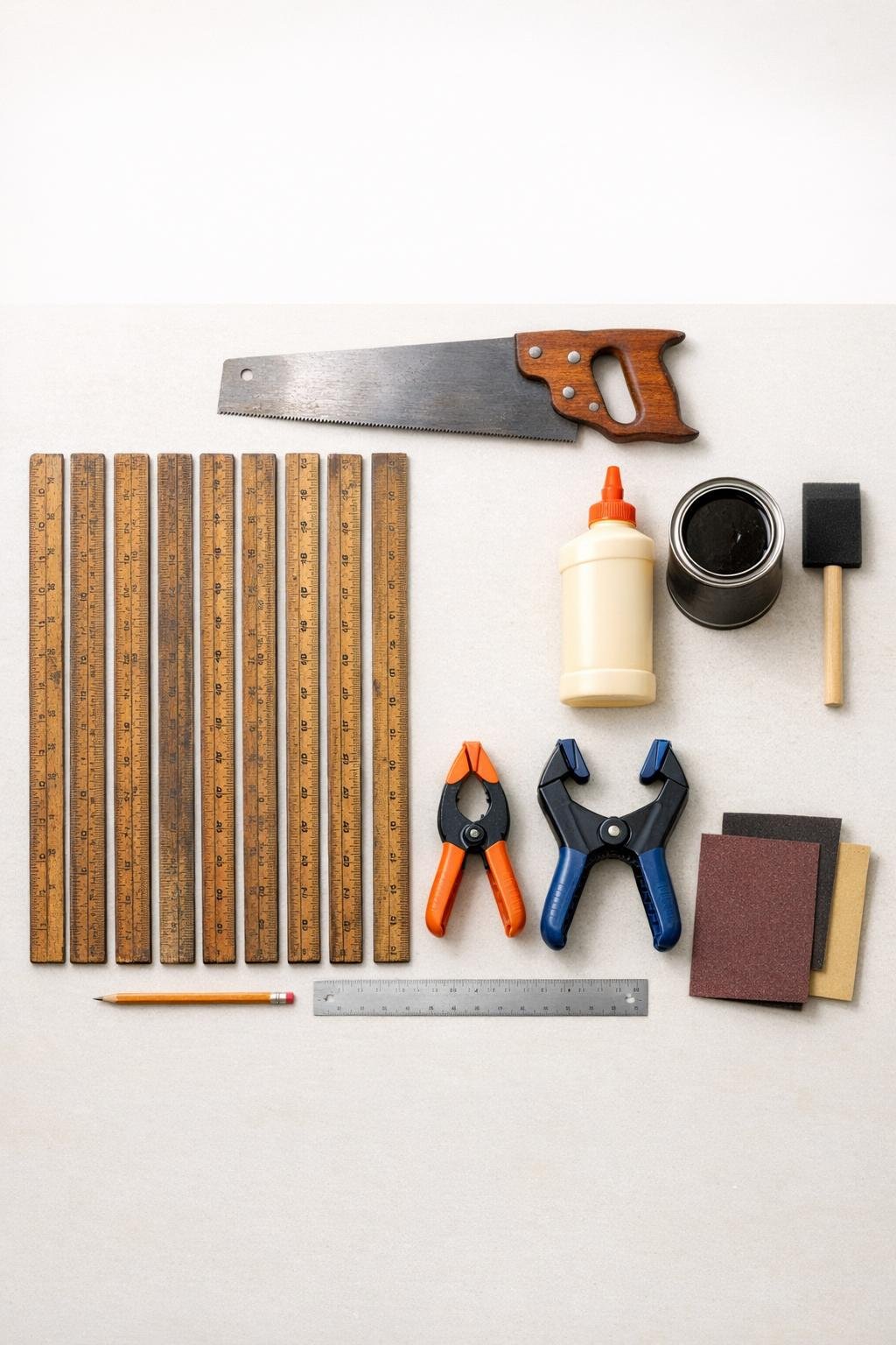 Old wooden yardsticks and basic tools laid out for the project