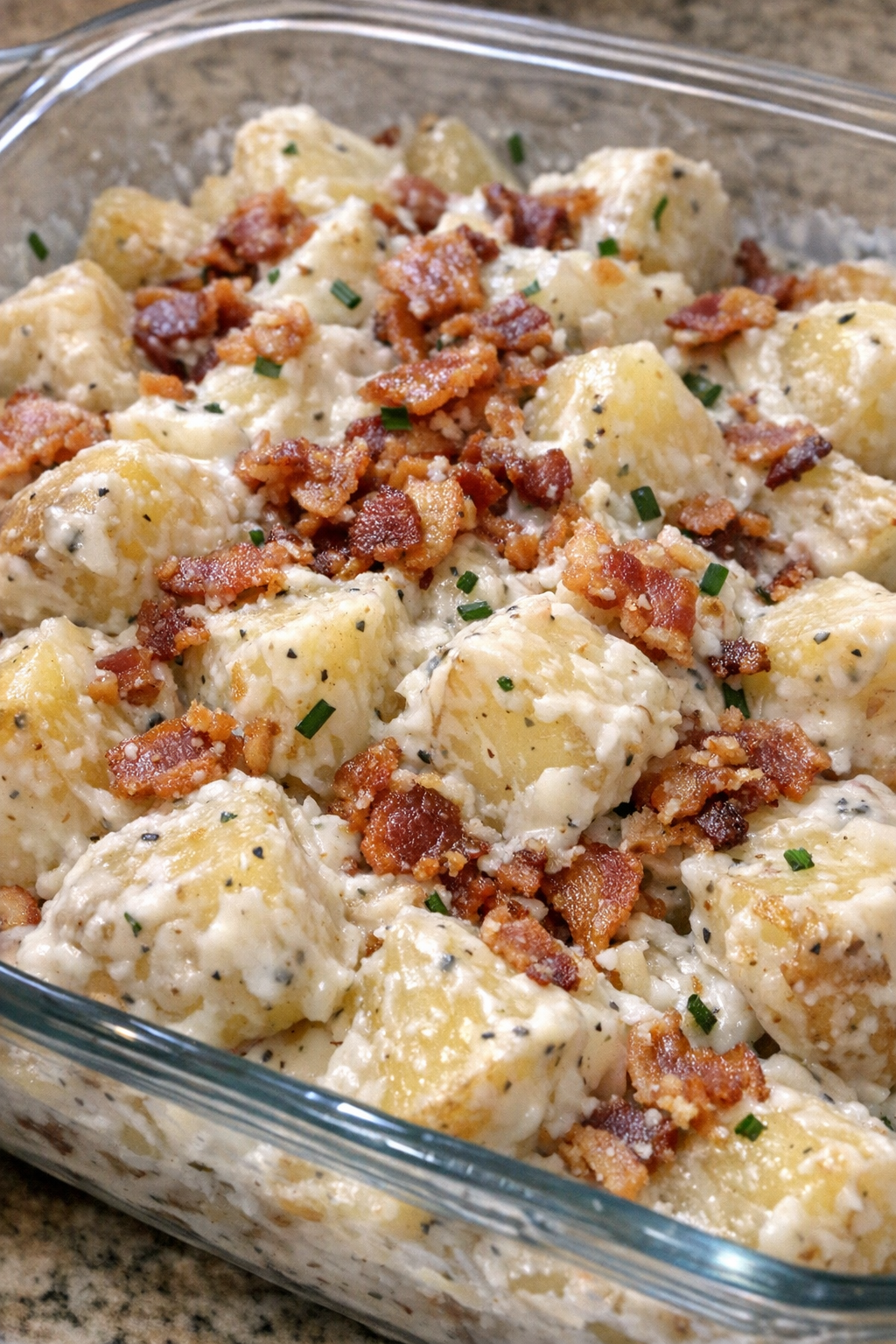 Creamy bacon ranch potatoes in a glass casserole dish