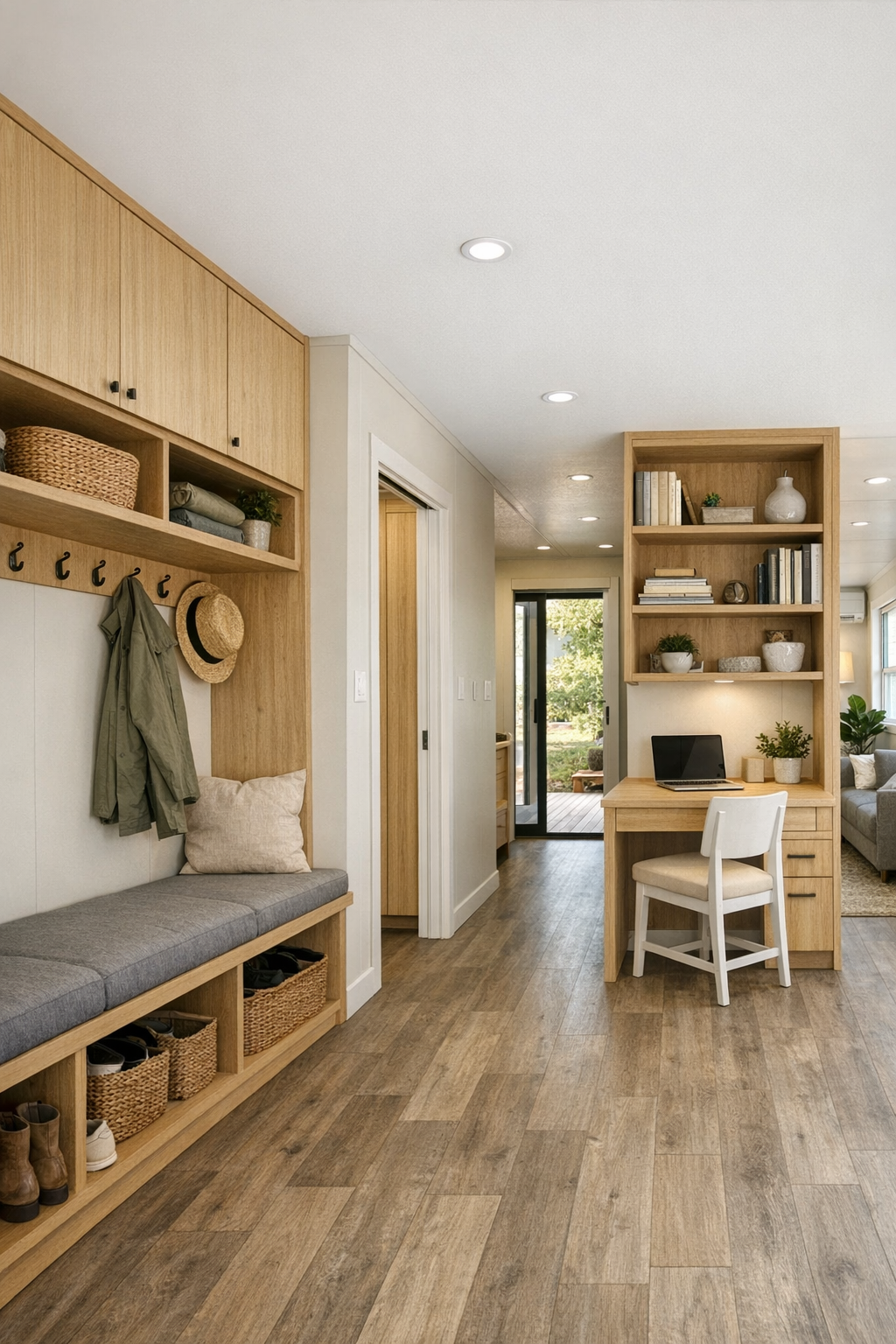 Built-in entry and flex area with light wood storage in an accessible container home