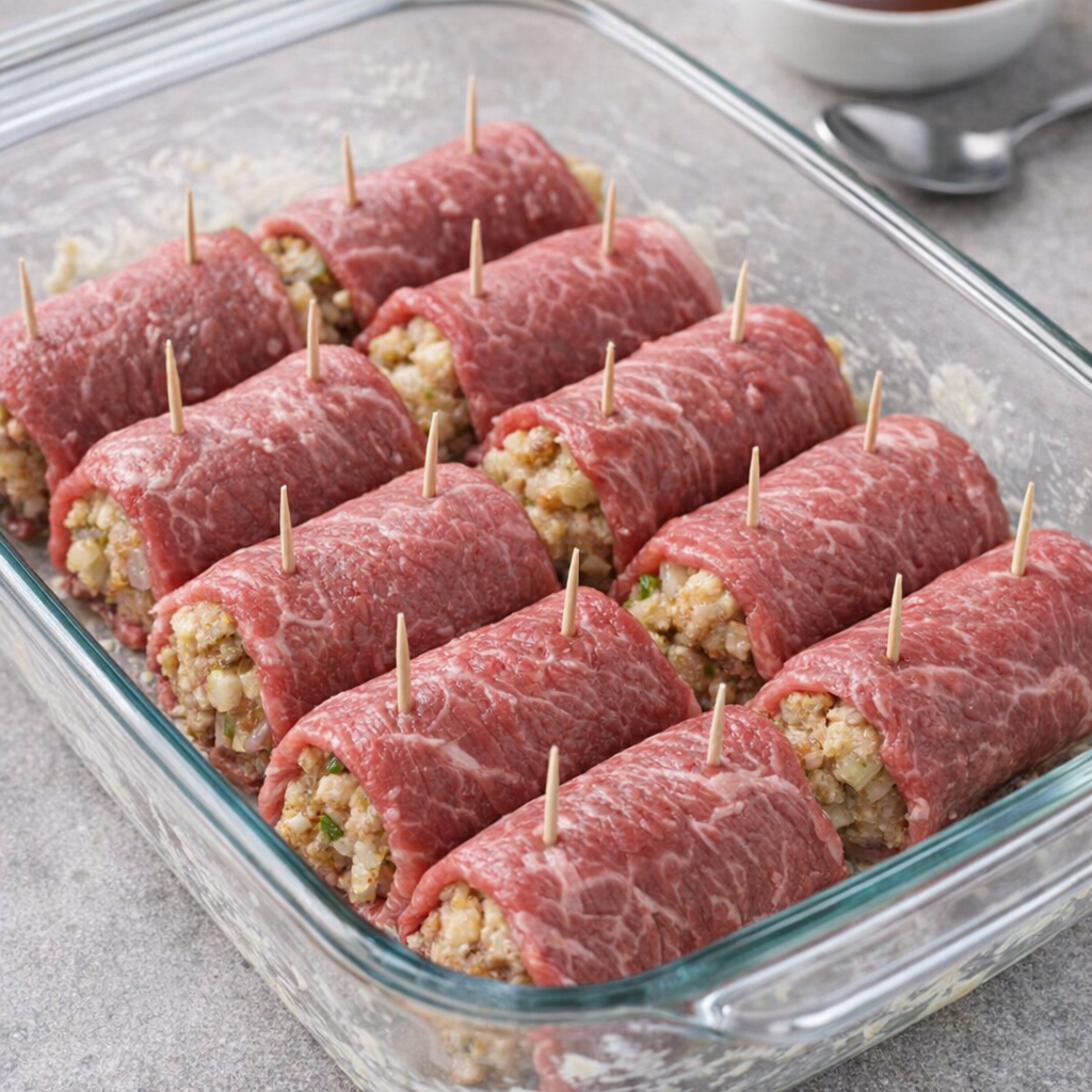 Unbaked beef roll ups arranged in a glass baking dish