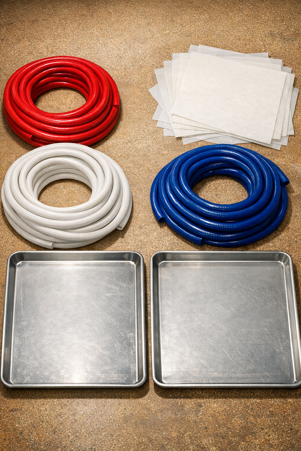 Red, white, and blue garden hoses with baking sheets and parchment paper laid out for the project
