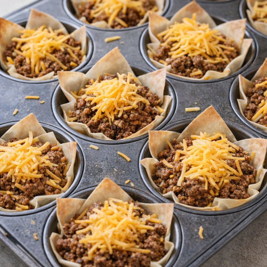 Assembled taco cups ready to bake