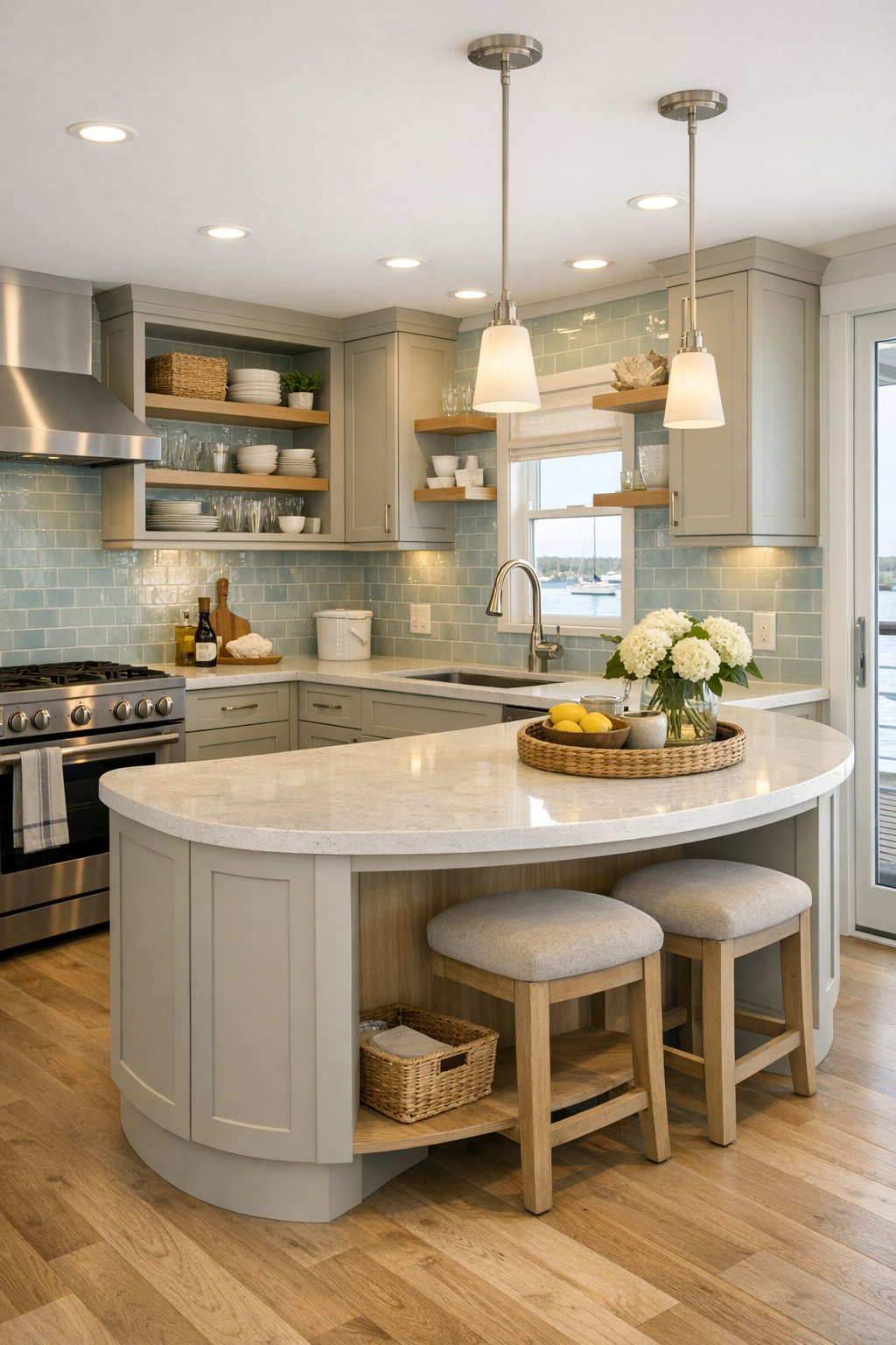 Accessible coastal kitchen with putty cabinetry, quartz counters, and a softly rounded island