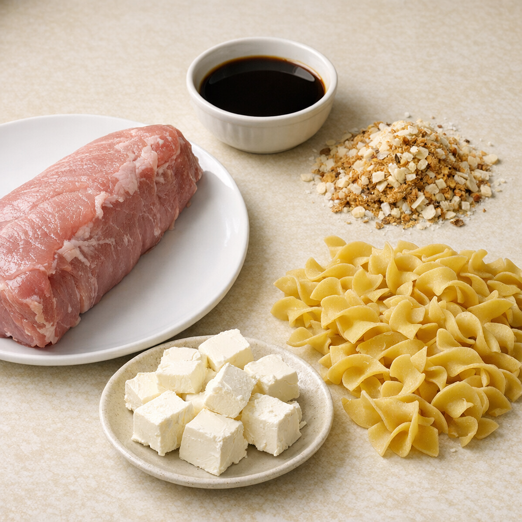 Main ingredients for Worcestershire pork pasta arranged on a countertop