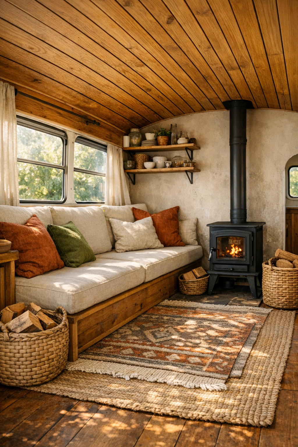 Cozy converted bus living room with built-in bench seating and wood ceiling