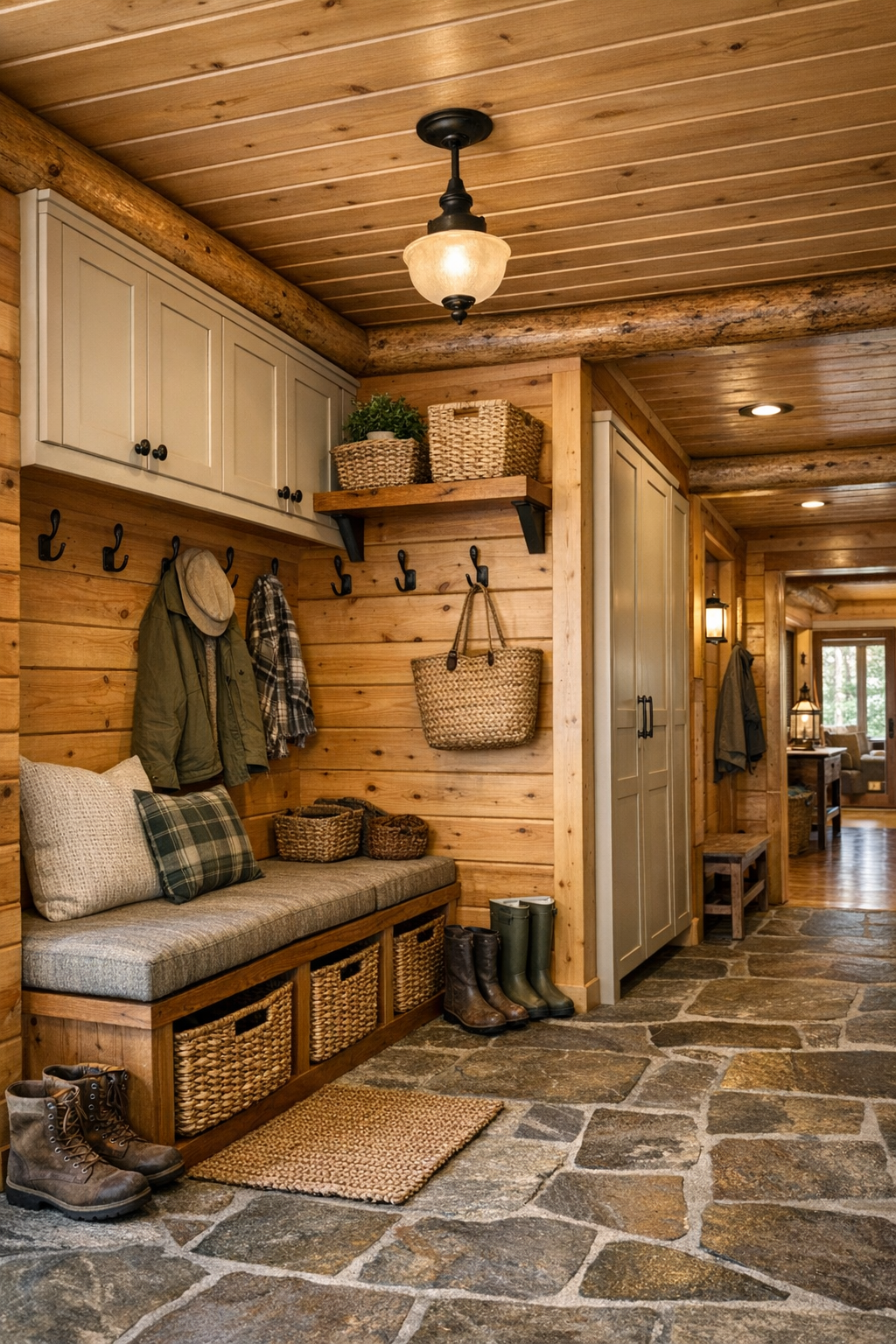 Mudroom and hallway area with built-in bench, storage, and durable stone flooring