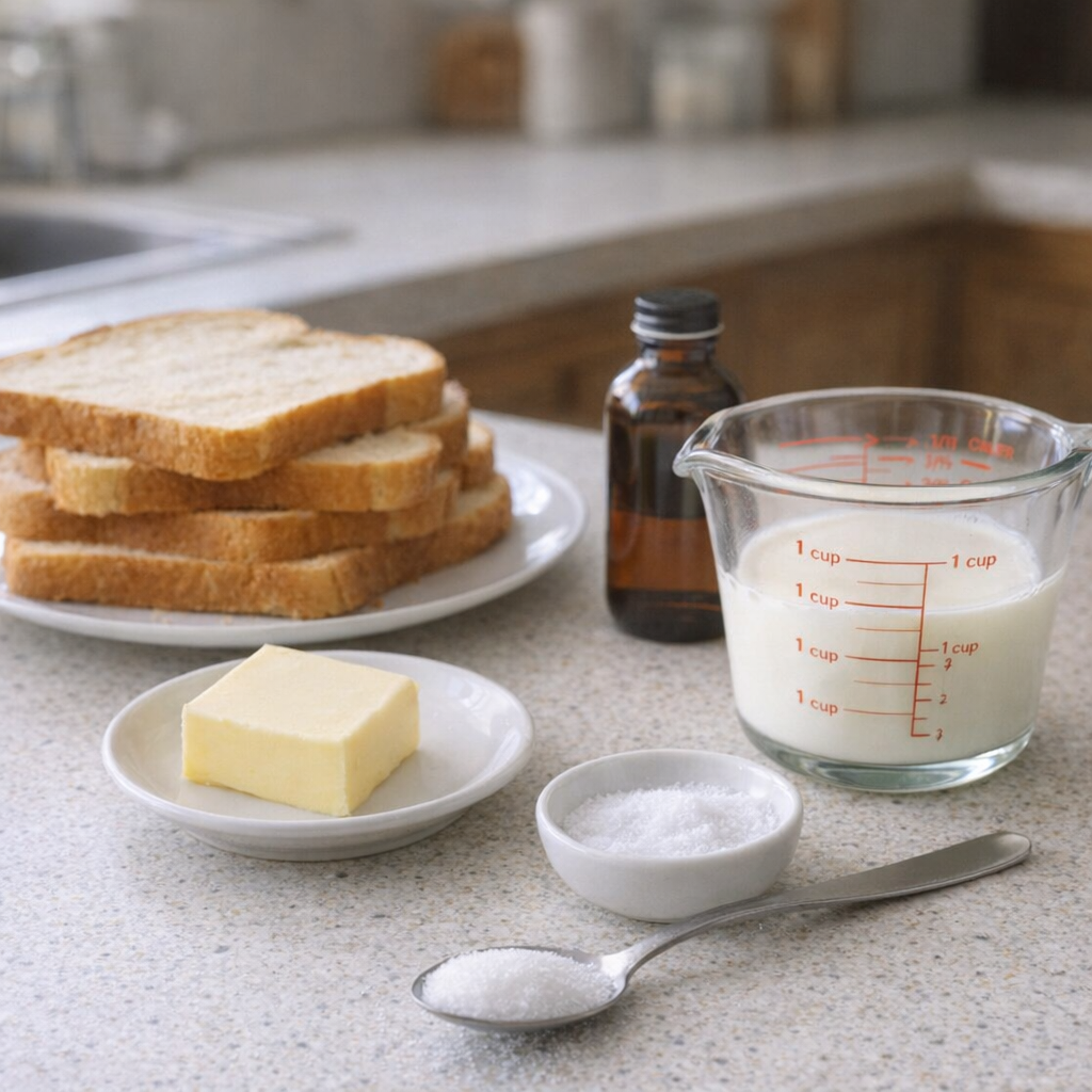 Milk toast ingredients arranged on a kitchen counter