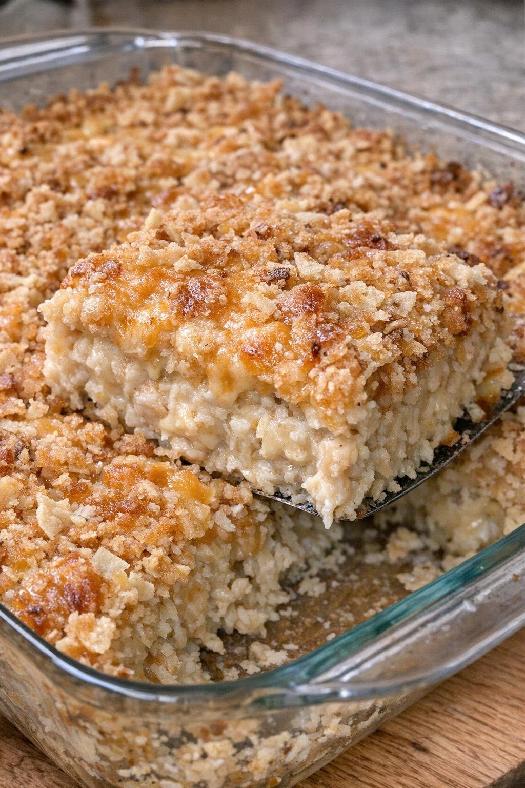Close up of baked saltines casserole in glass dish