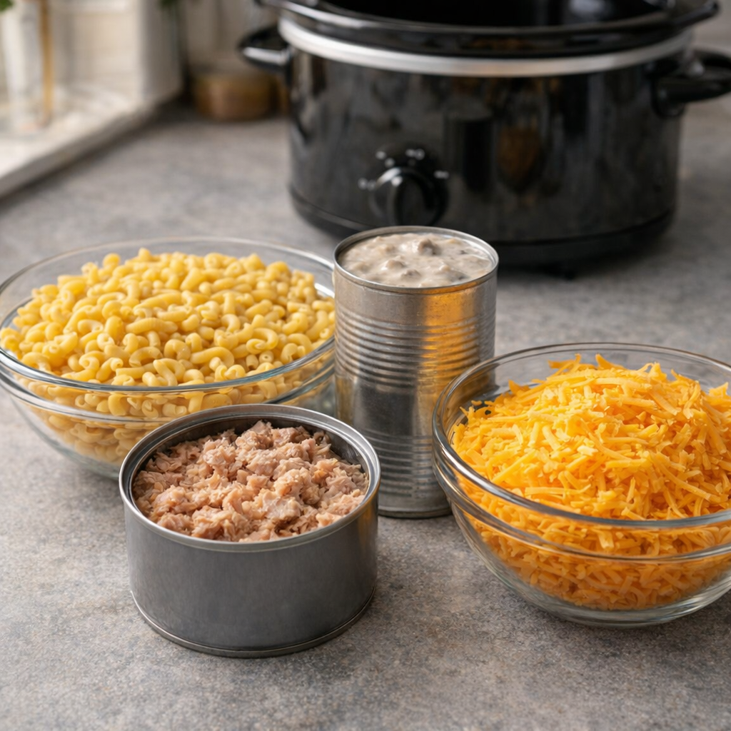 Tuna casserole ingredients arranged on a kitchen counter