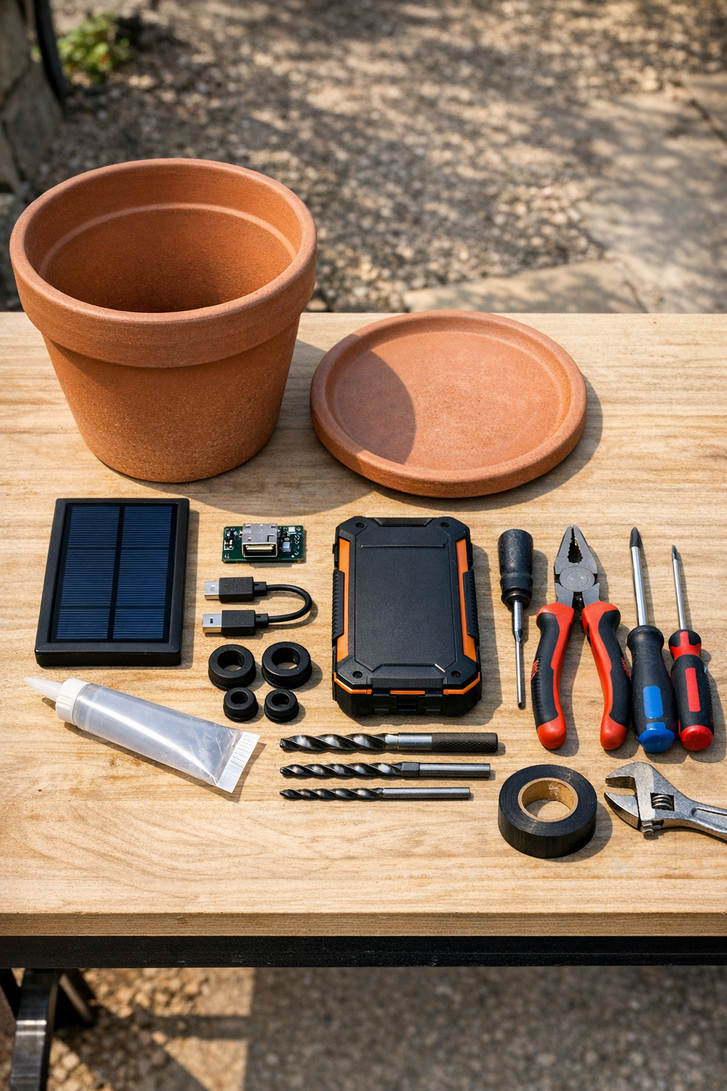 Terracotta pot charging station materials laid out on a work surface