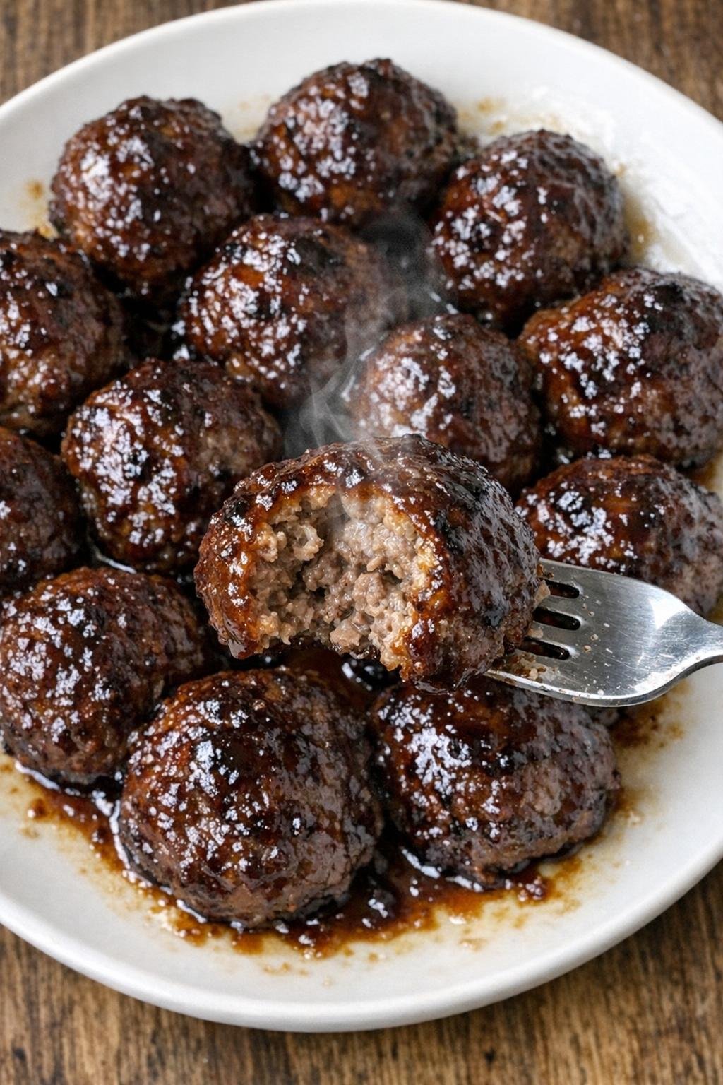 Caramelized beef meatballs on a white plate