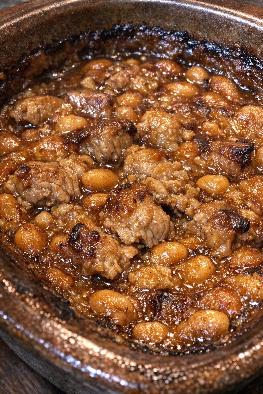 Baked pork and beans casserole close-up