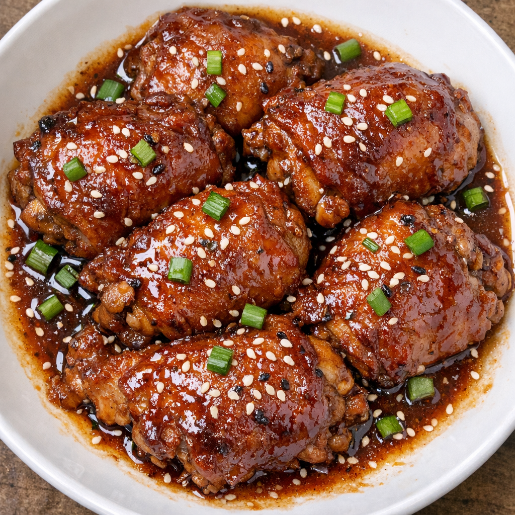 Slow cooker sweet ketchup chicken plated on a white ceramic plate