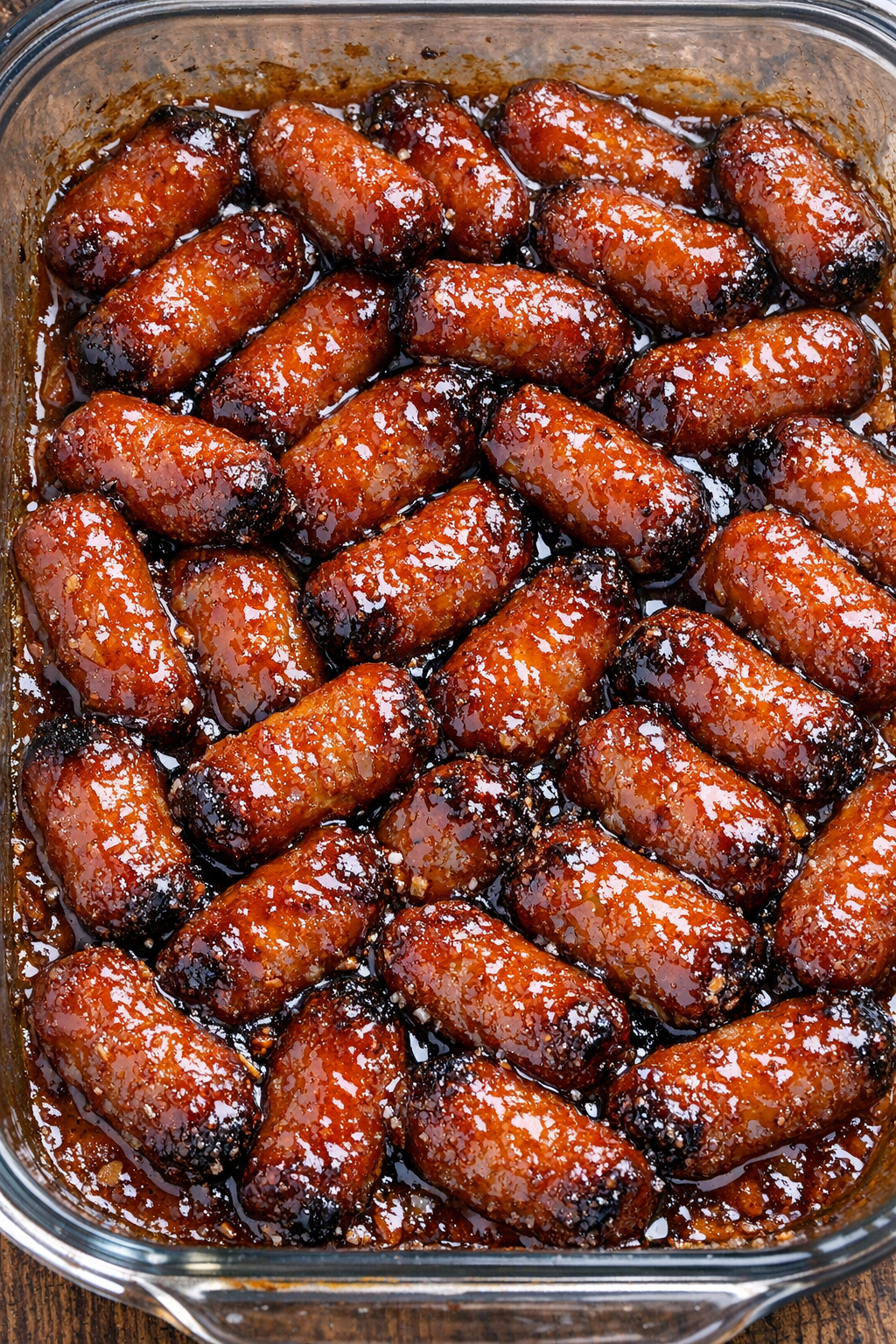 Southern 3-ingredient apricot sausage bites in a glass casserole dish