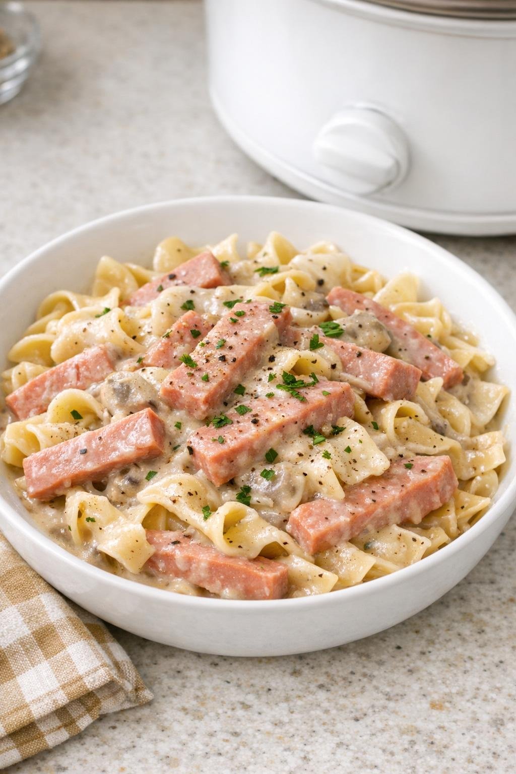 Creamy bologna and noodles served in a bowl