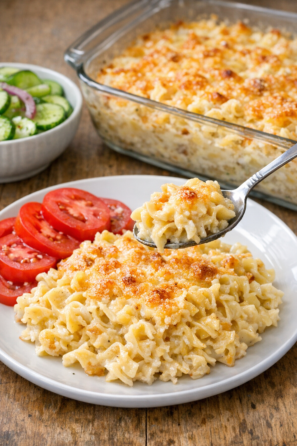 Finished baked Amish noodle casserole plated with a creamy golden top