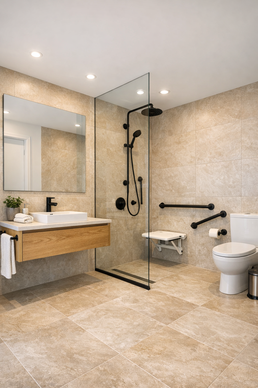 Elegant accessible bathroom with curbless shower, limestone-look tile, and oak vanity