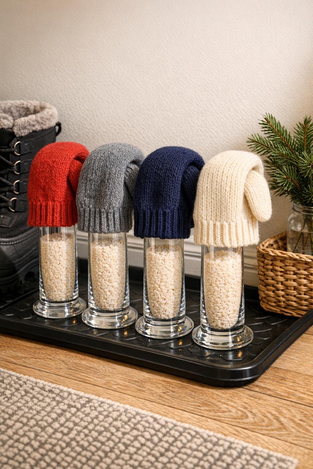 Finished DIY mitten dryer on an entryway boot tray