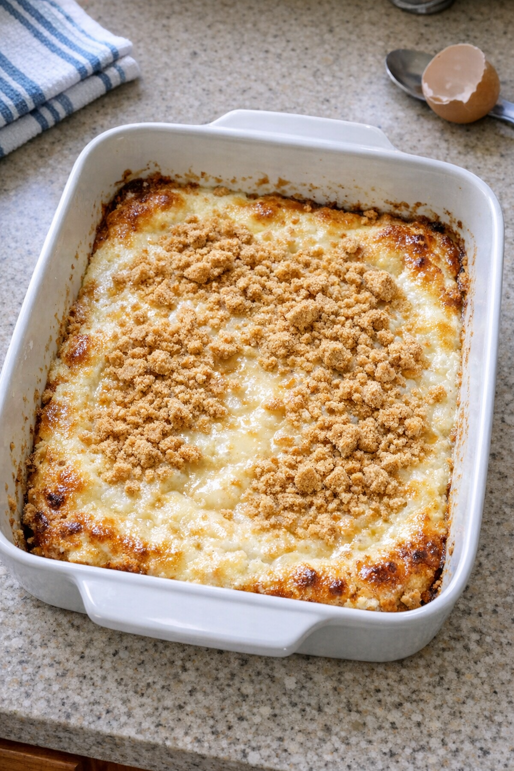 Baked frozen yogurt dessert in casserole dish