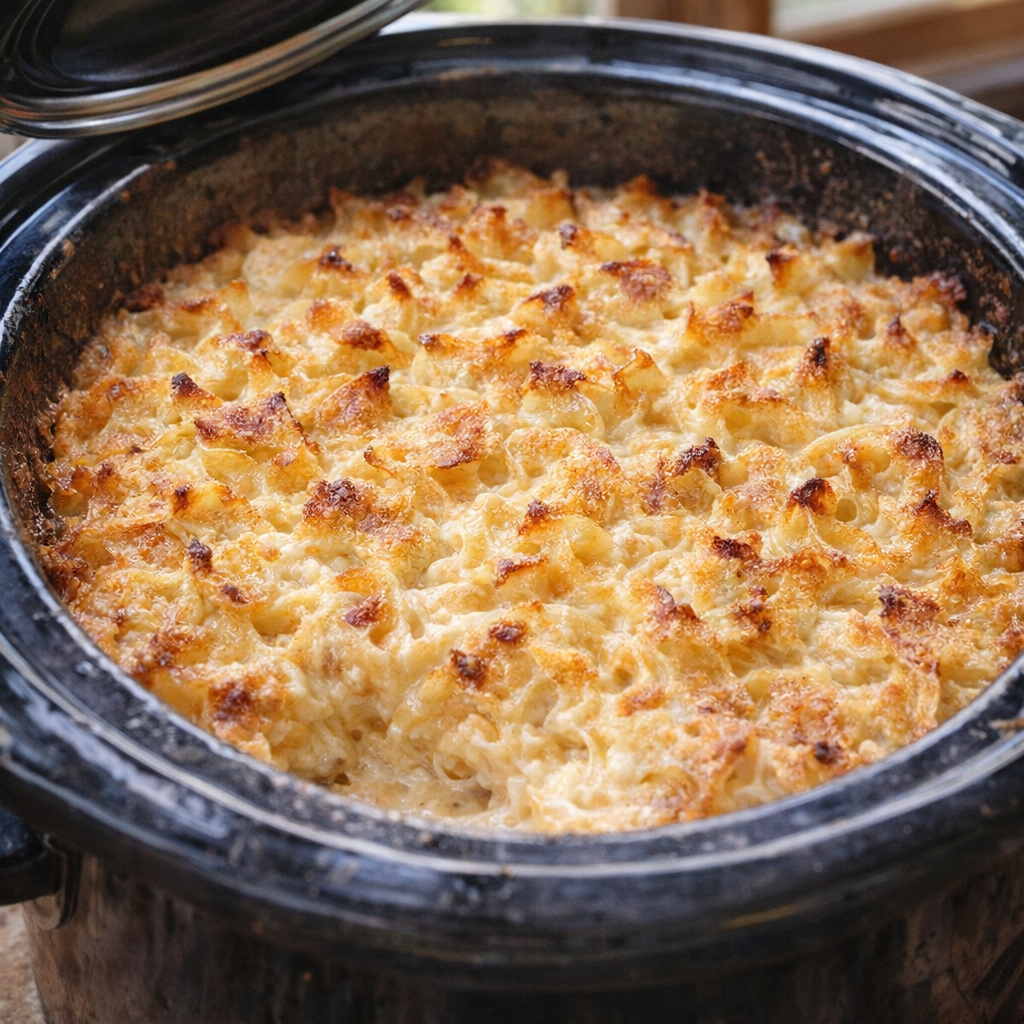 Finished noodle bake in slow cooker with golden edges