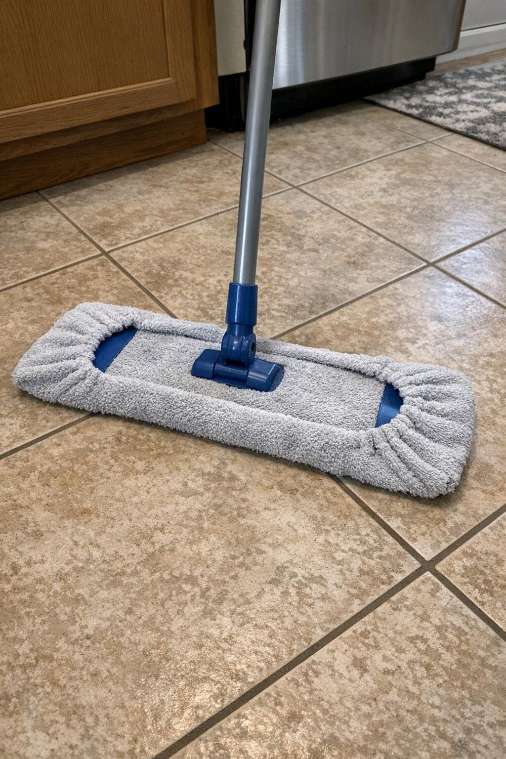 Reusable towel mop pad fitted over a floor mop head
