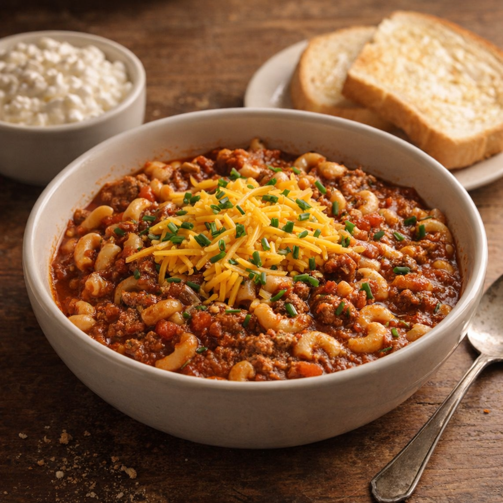 Bowl of goulash with bread and cottage cheese