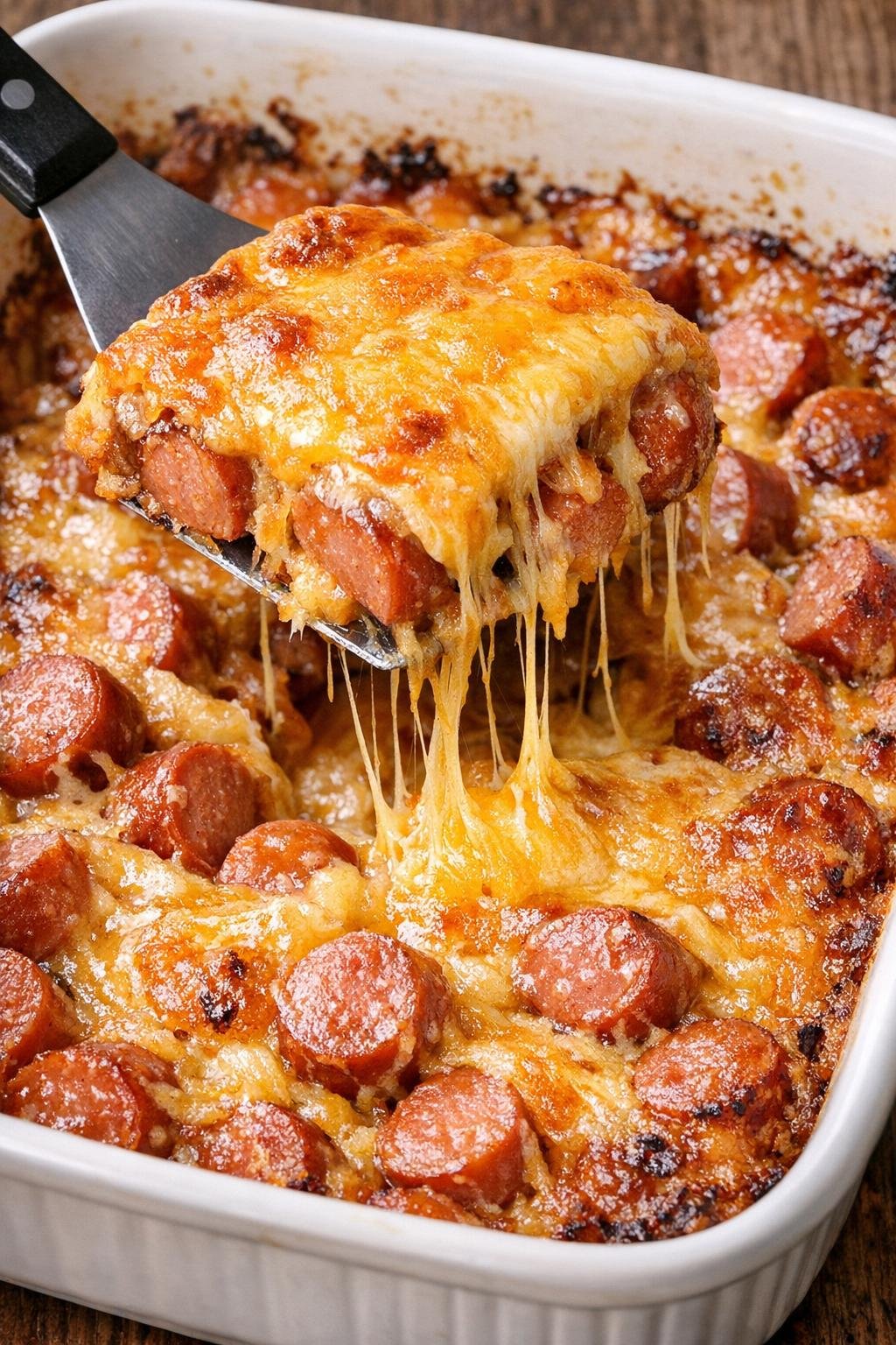 Low carb hot dog bake in a casserole dish with melted cheddar