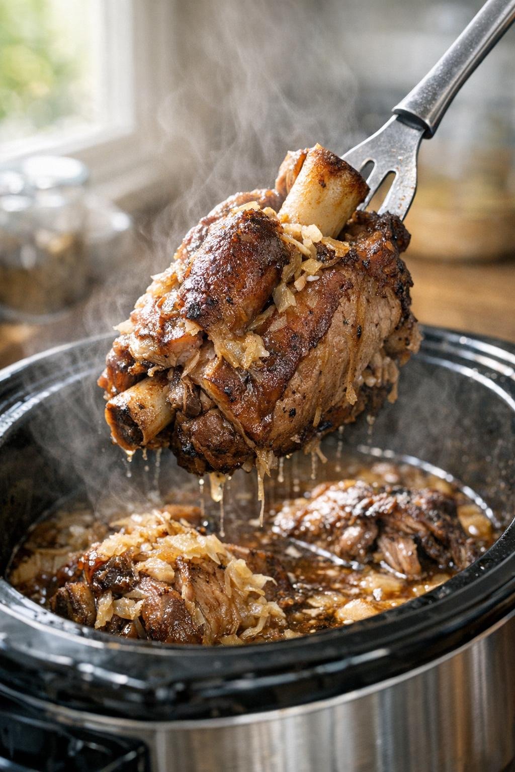 Tender cooked pork shanks lifted from slow cooker