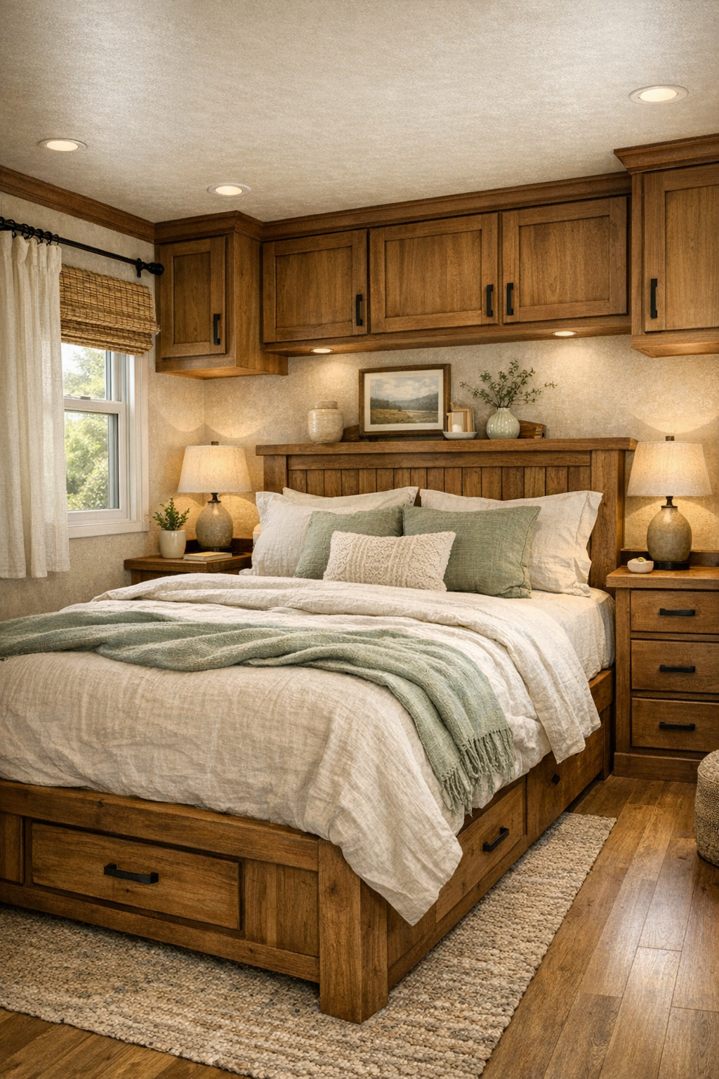 Peaceful small bedroom with craftsman millwork, layered neutral bedding, and built-in storage