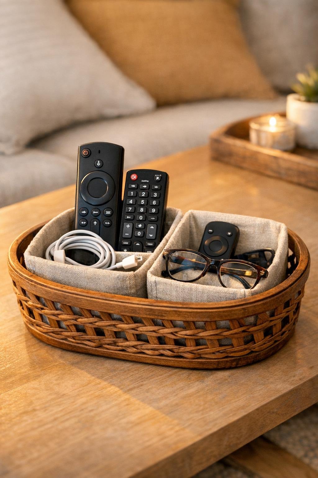 Finished DIY living room remote holder made from a wooden bread basket and linen bins