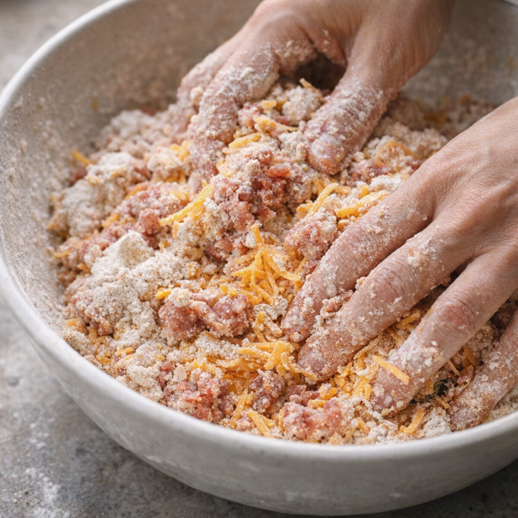 Hands mixing sausage, cheese, and baking mix in a bowl