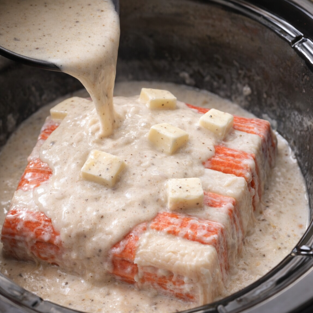 Creamy sauce poured over imitation crab in the slow cooker