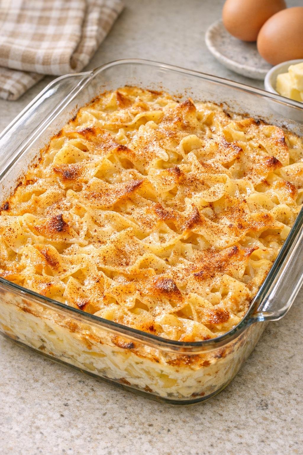 Finished baked noodle dessert in a glass casserole dish
