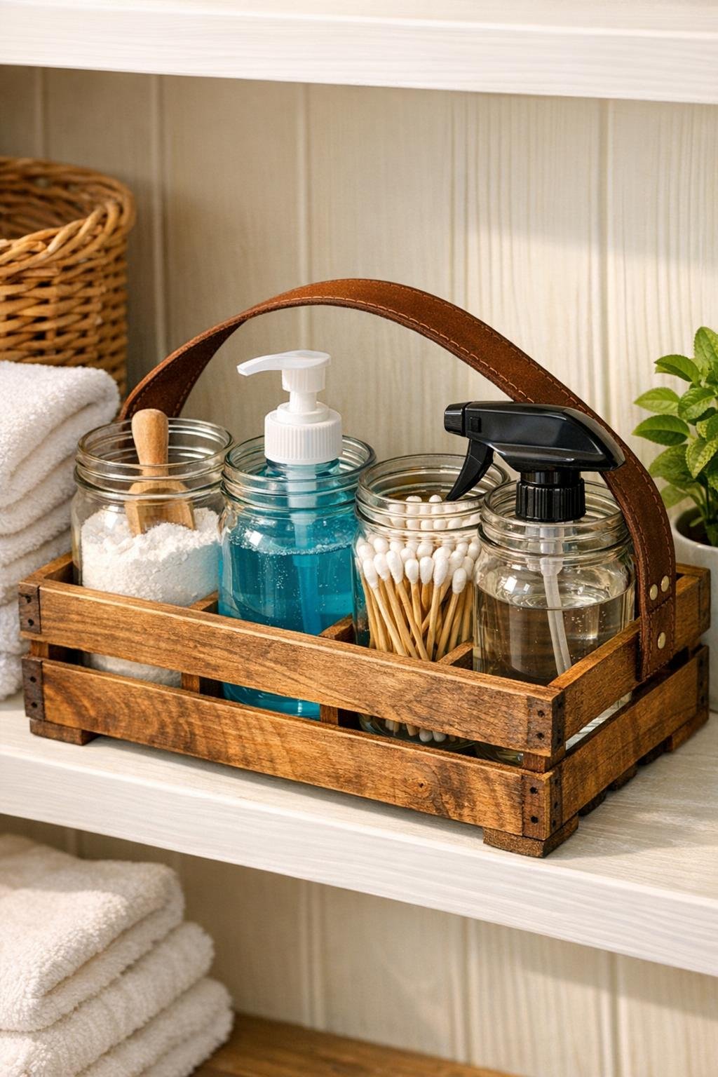 Finished mason jar laundry supply caddy in a rustic wooden crate