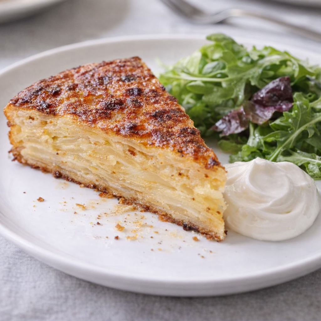 Potato galette wedge served with sour cream and green salad