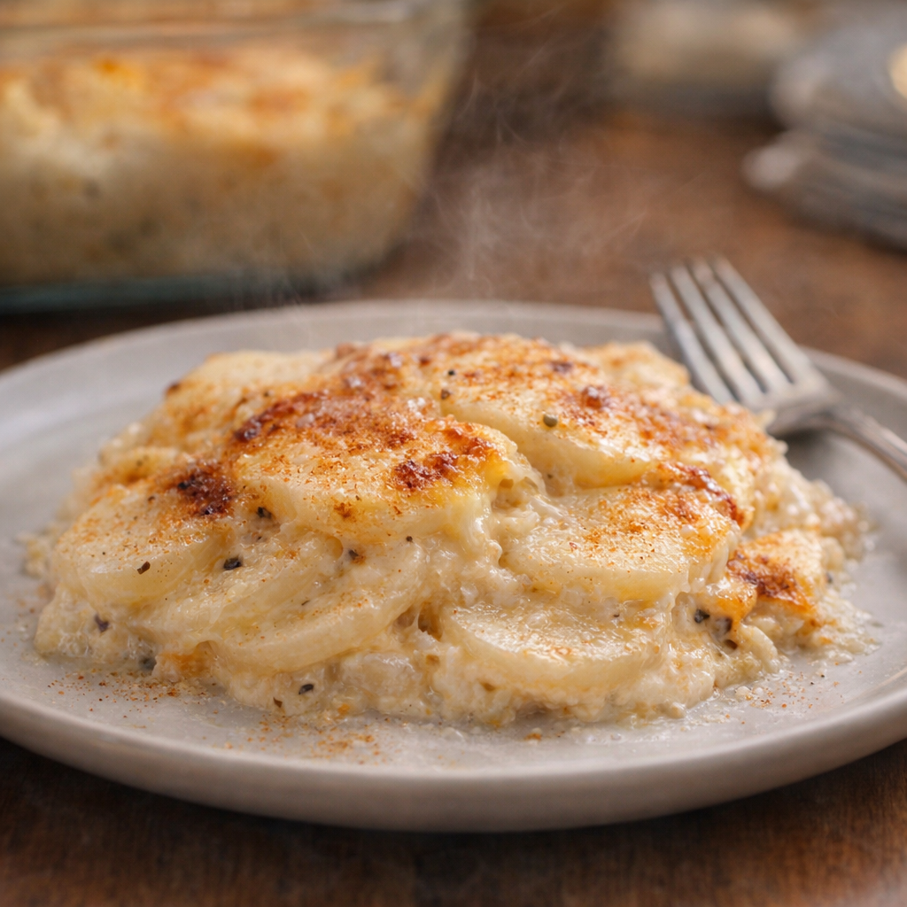 Served scoop of cheesy potato coin casserole on a plate