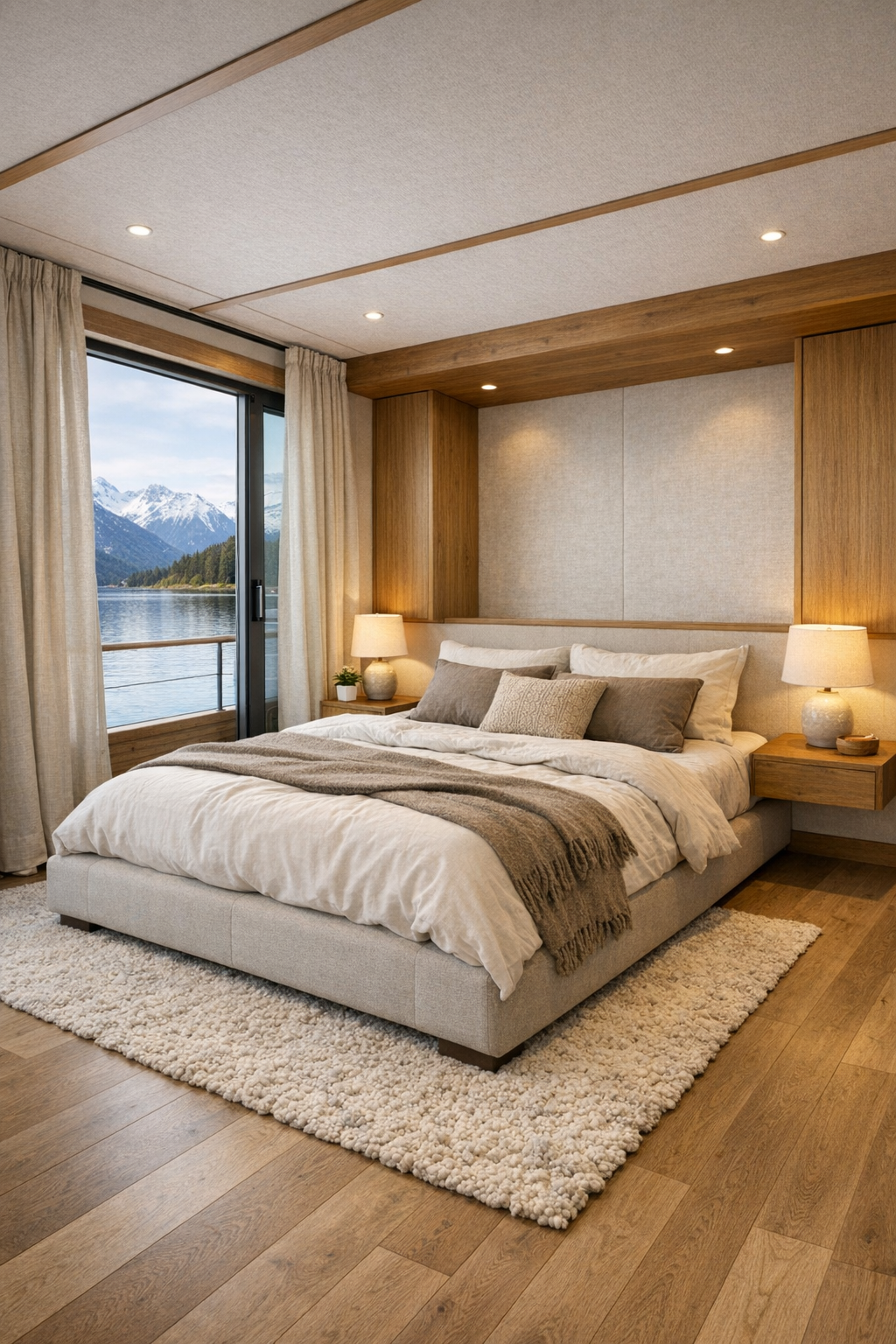 Serene bedroom with soft neutral layers, upholstered bed, and built-in storage
