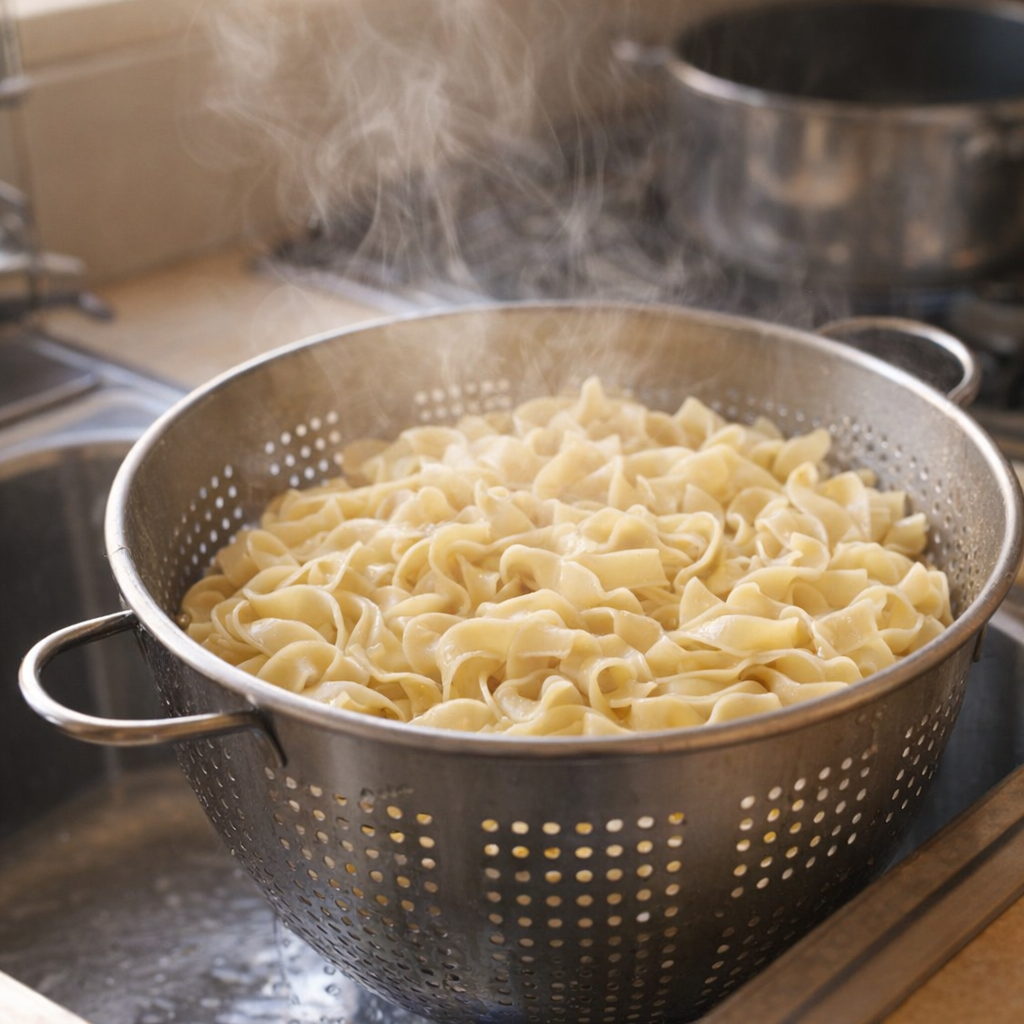 Wide egg noodles draining in a colander by the stove