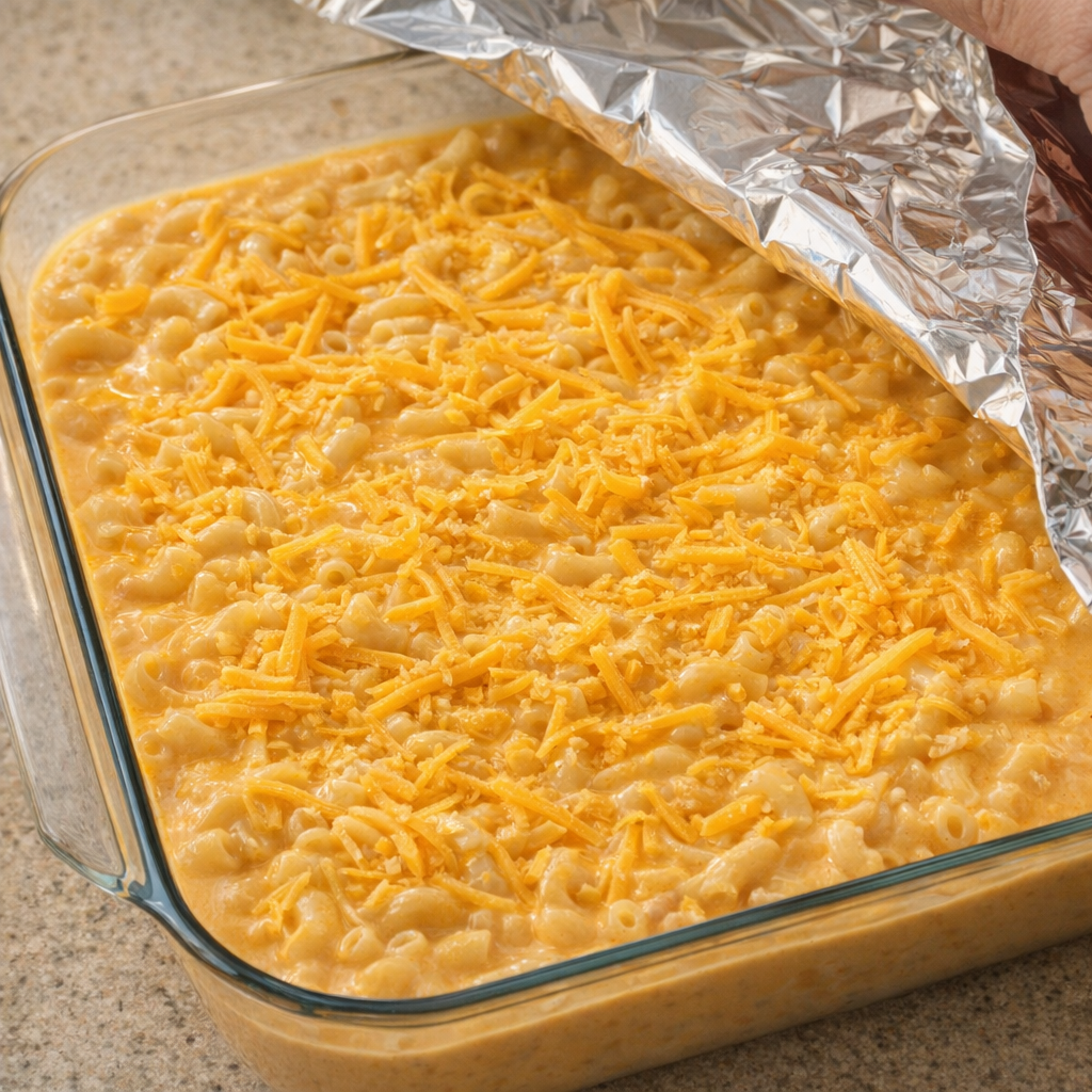Unbaked macaroni casserole ready for the oven