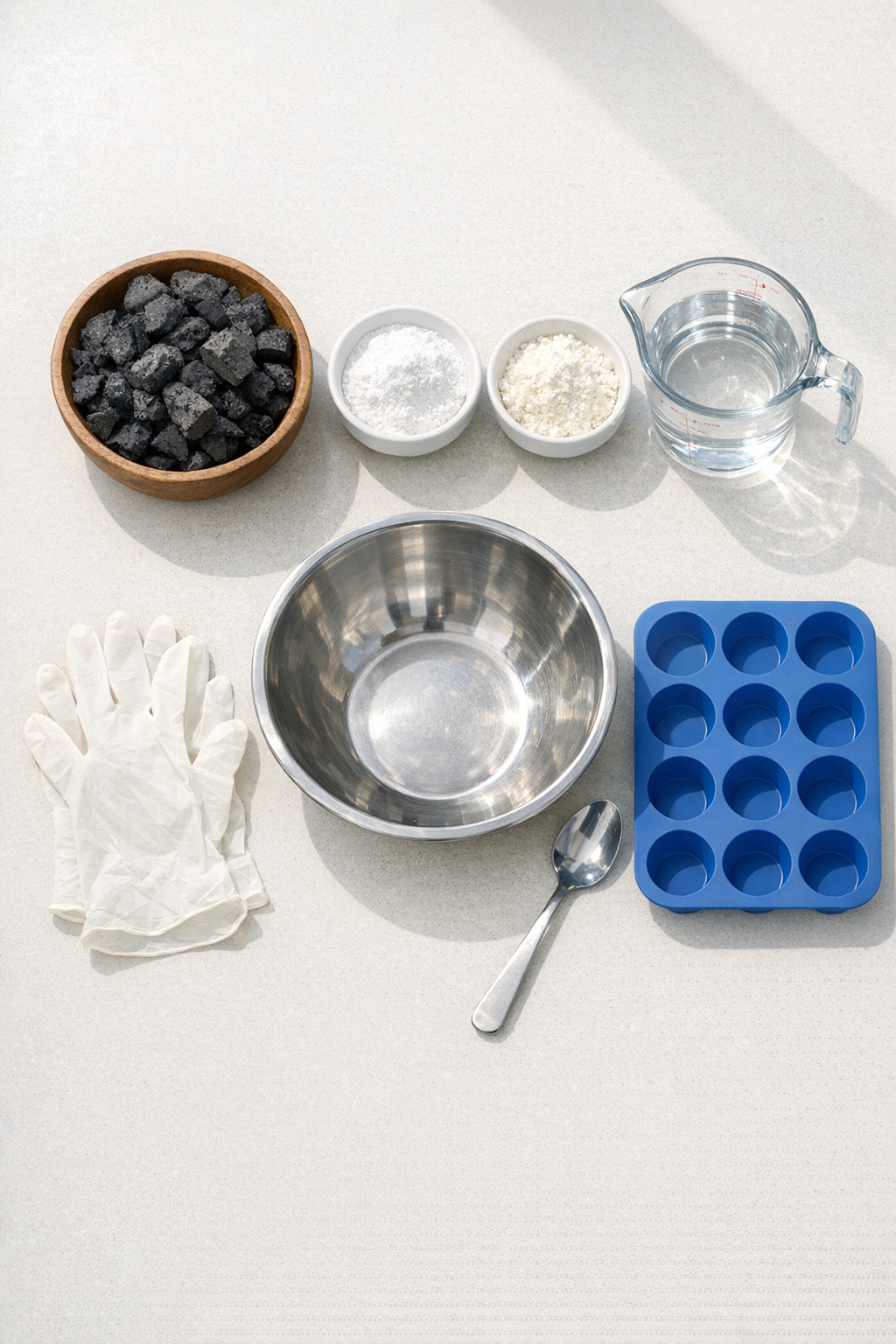 Materials for charcoal moisture-absorbing bricks laid out on a work surface