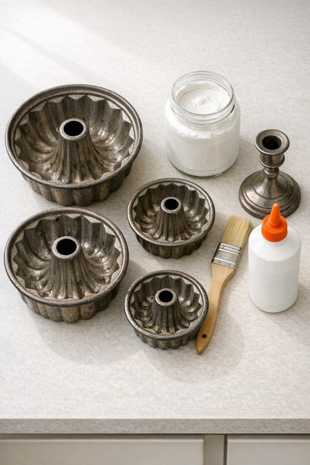 Old bundt pans, chalk paint, brush, candlestick, and glue laid out on a counter