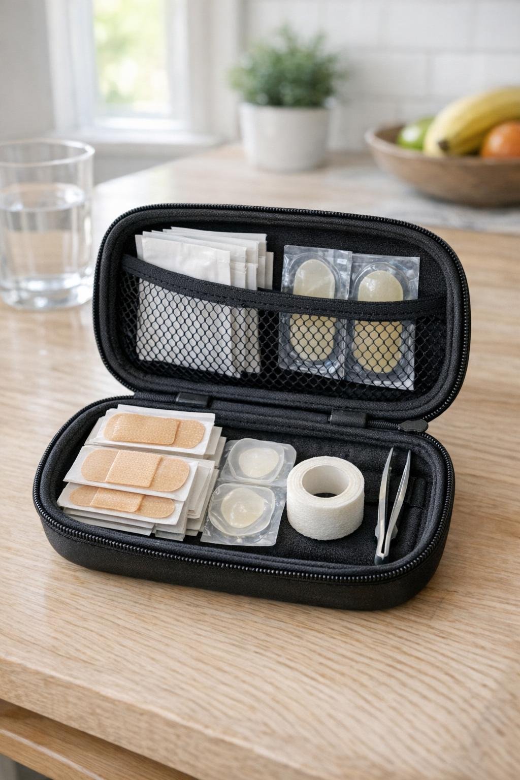 Eyeglass case used as a compact first aid kit