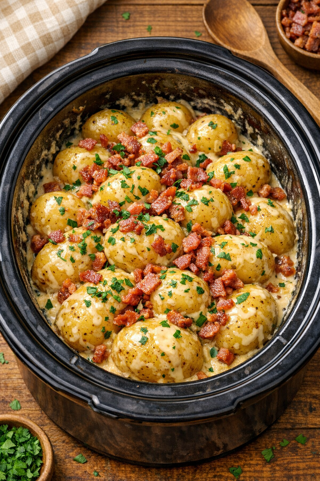 Finished slow cooker Amish gathering potatoes