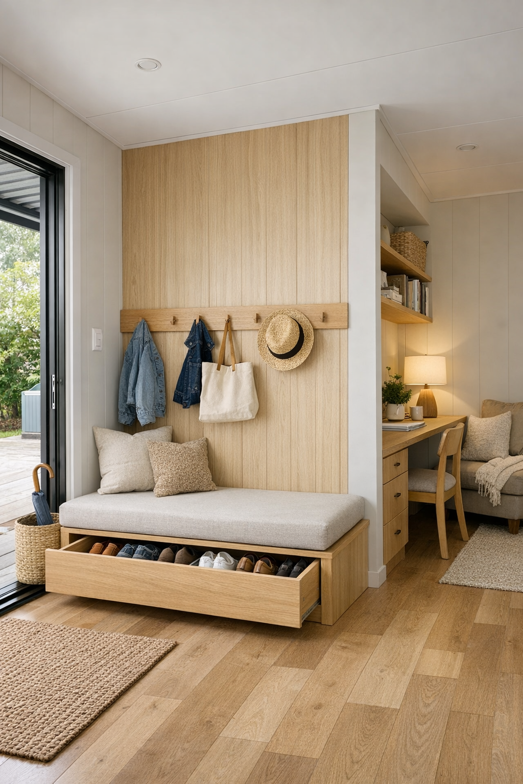 Accessible entry and multipurpose nook with built-ins in a pale taupe container home