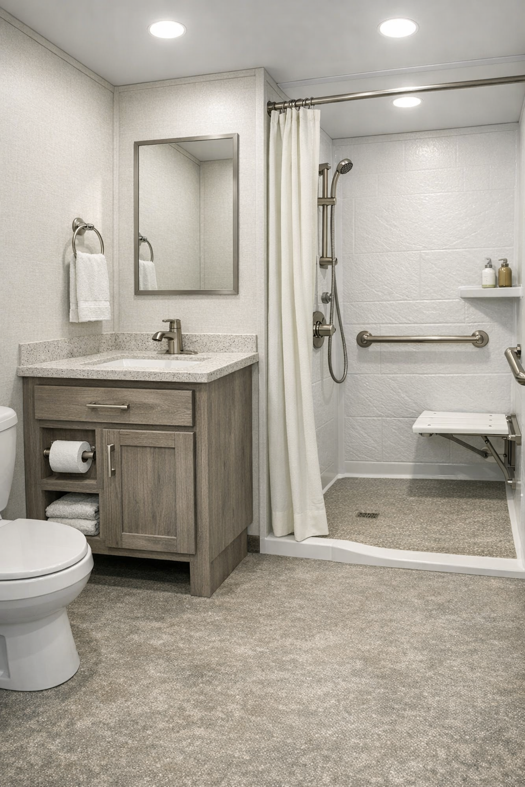 Accessible RV bathroom with light finishes and driftwood vanity