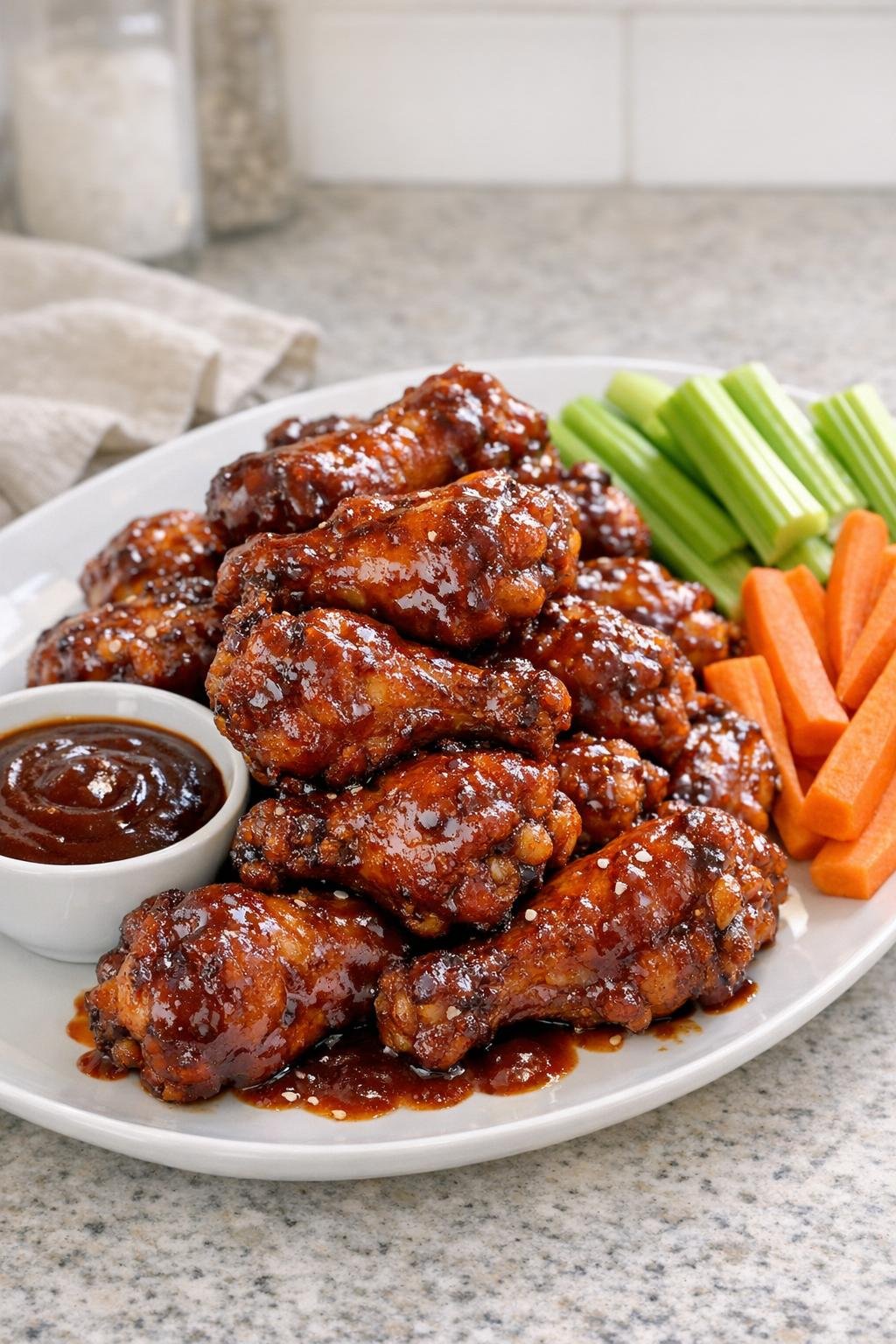 Finished honey BBQ wings plated