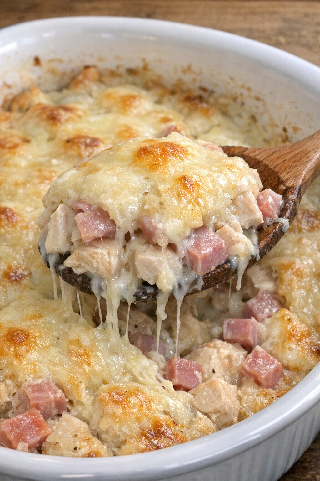 Golden bubbly chicken cordon bleu casserole in a white dish