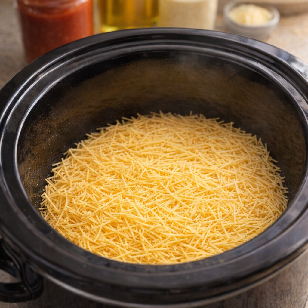 Dry angel hair pasta arranged in a slow cooker